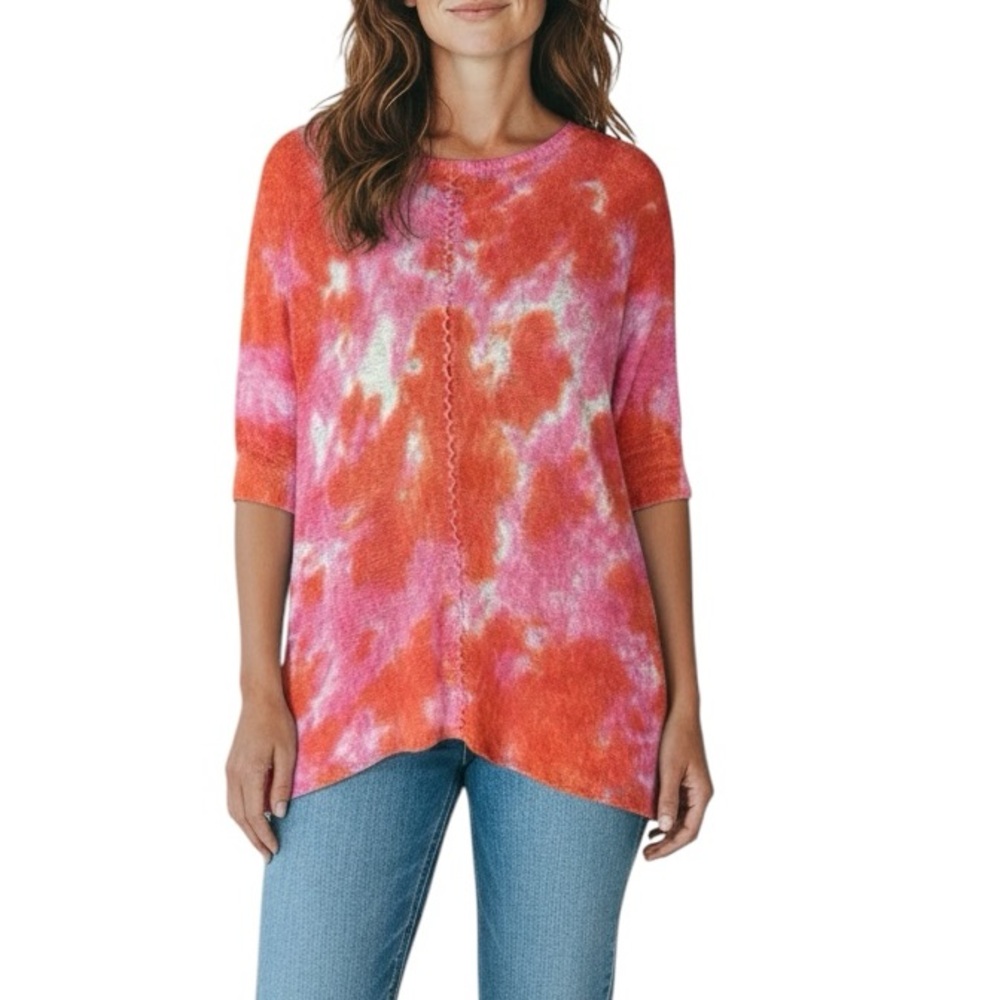 Sundance Pink Orange White Tie Dye Print Boho Short Sleeve Tunic Top Sweater